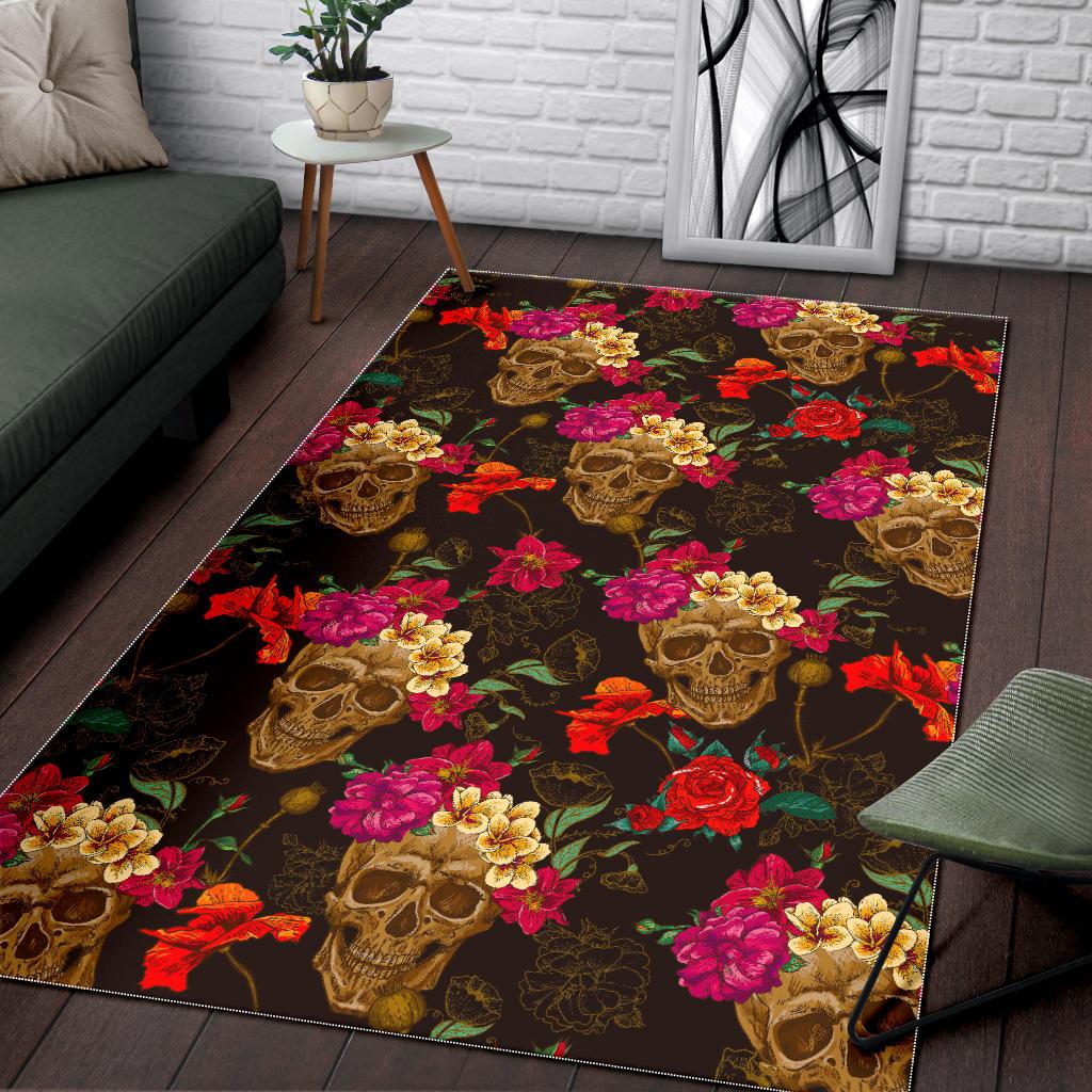 Vintage Flowers Skull Pattern Print Area Rug GearFrost