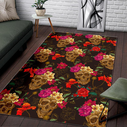 Vintage Flowers Skull Pattern Print Area Rug GearFrost