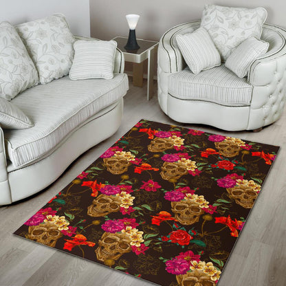 Vintage Flowers Skull Pattern Print Area Rug GearFrost
