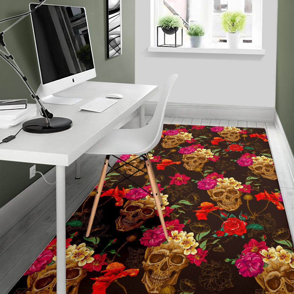Vintage Flowers Skull Pattern Print Area Rug GearFrost