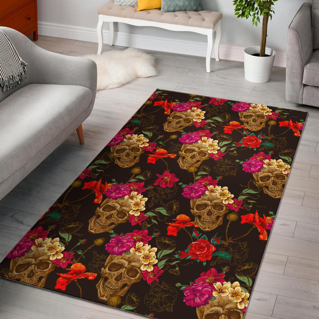 Vintage Flowers Skull Pattern Print Area Rug GearFrost