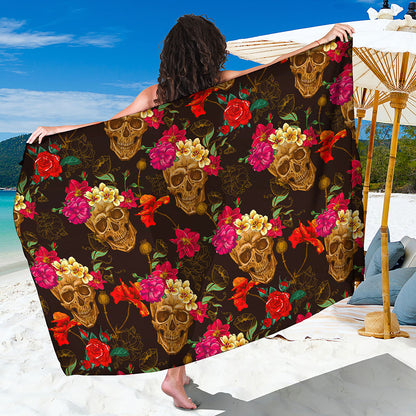 Vintage Flowers Skull Pattern Print Beach Sarong Wrap