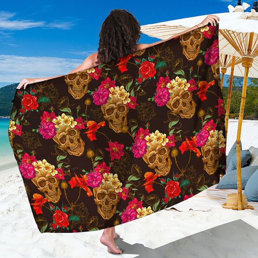 Vintage Flowers Skull Pattern Print Beach Sarong Wrap