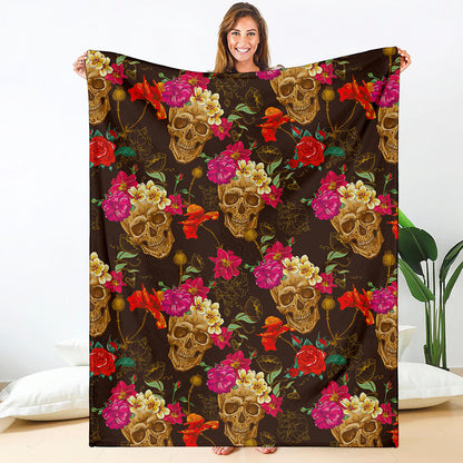 Vintage Flowers Skull Pattern Print Blanket