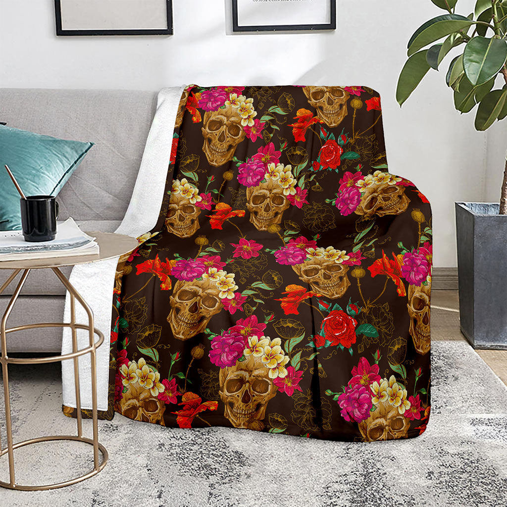Vintage Flowers Skull Pattern Print Blanket