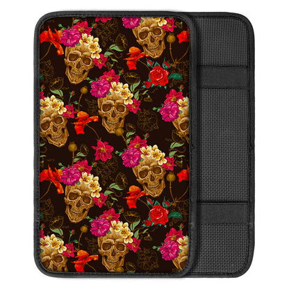 Vintage Flowers Skull Pattern Print Car Center Console Cover