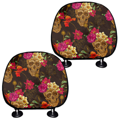 Vintage Flowers Skull Pattern Print Car Headrest Covers