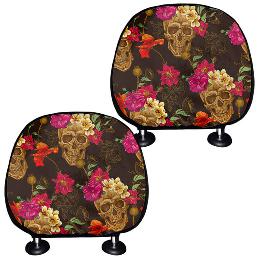 Vintage Flowers Skull Pattern Print Car Headrest Covers
