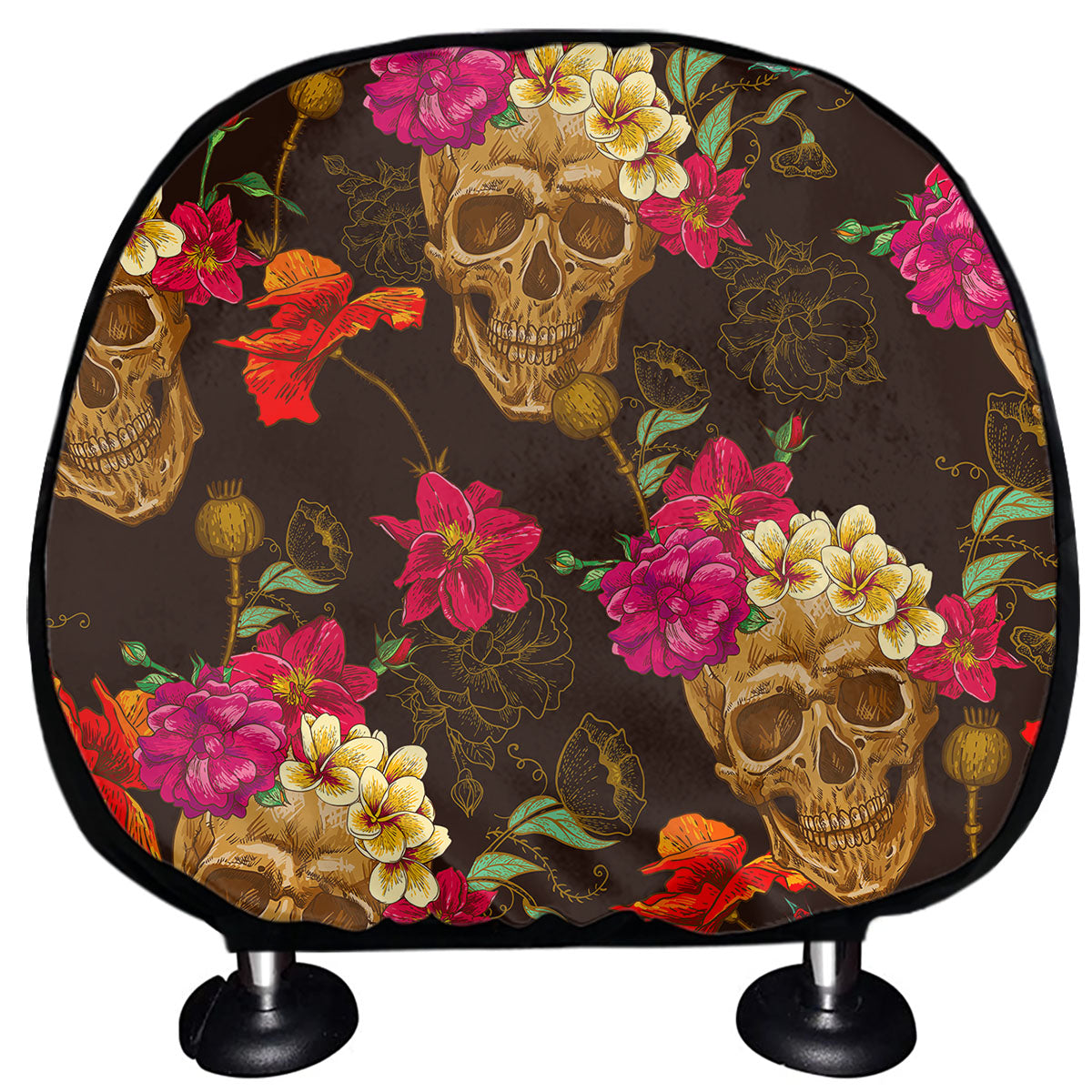 Vintage Flowers Skull Pattern Print Car Headrest Covers