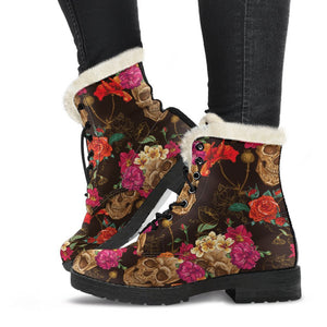 Vintage Flowers Skull Pattern Print Comfy Boots GearFrost
