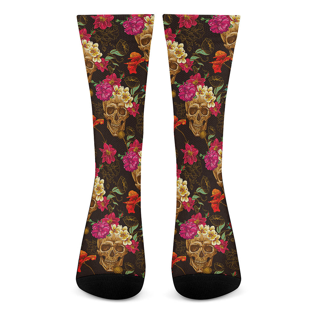 Vintage Flowers Skull Pattern Print Crew Socks