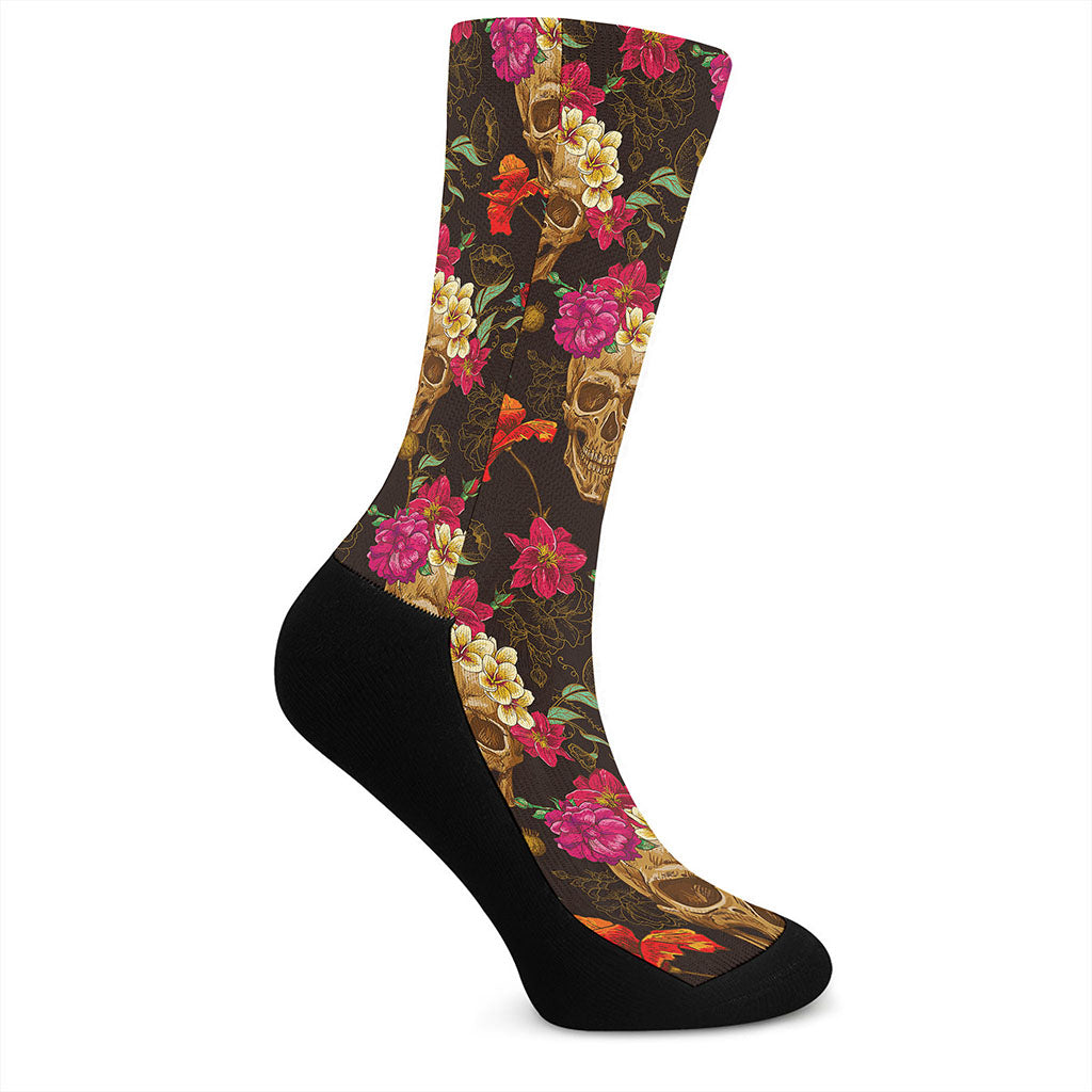 Vintage Flowers Skull Pattern Print Crew Socks