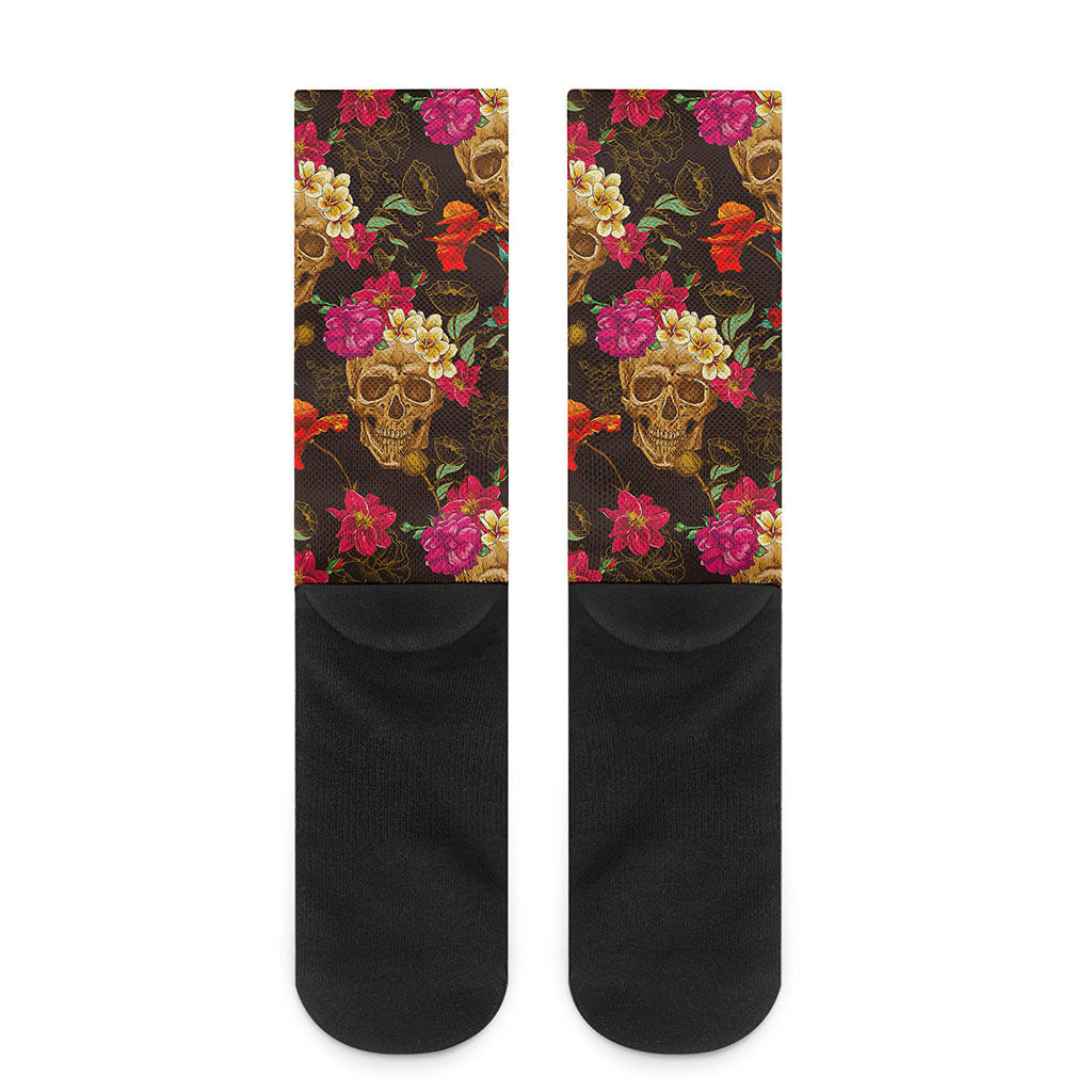 Vintage Flowers Skull Pattern Print Crew Socks