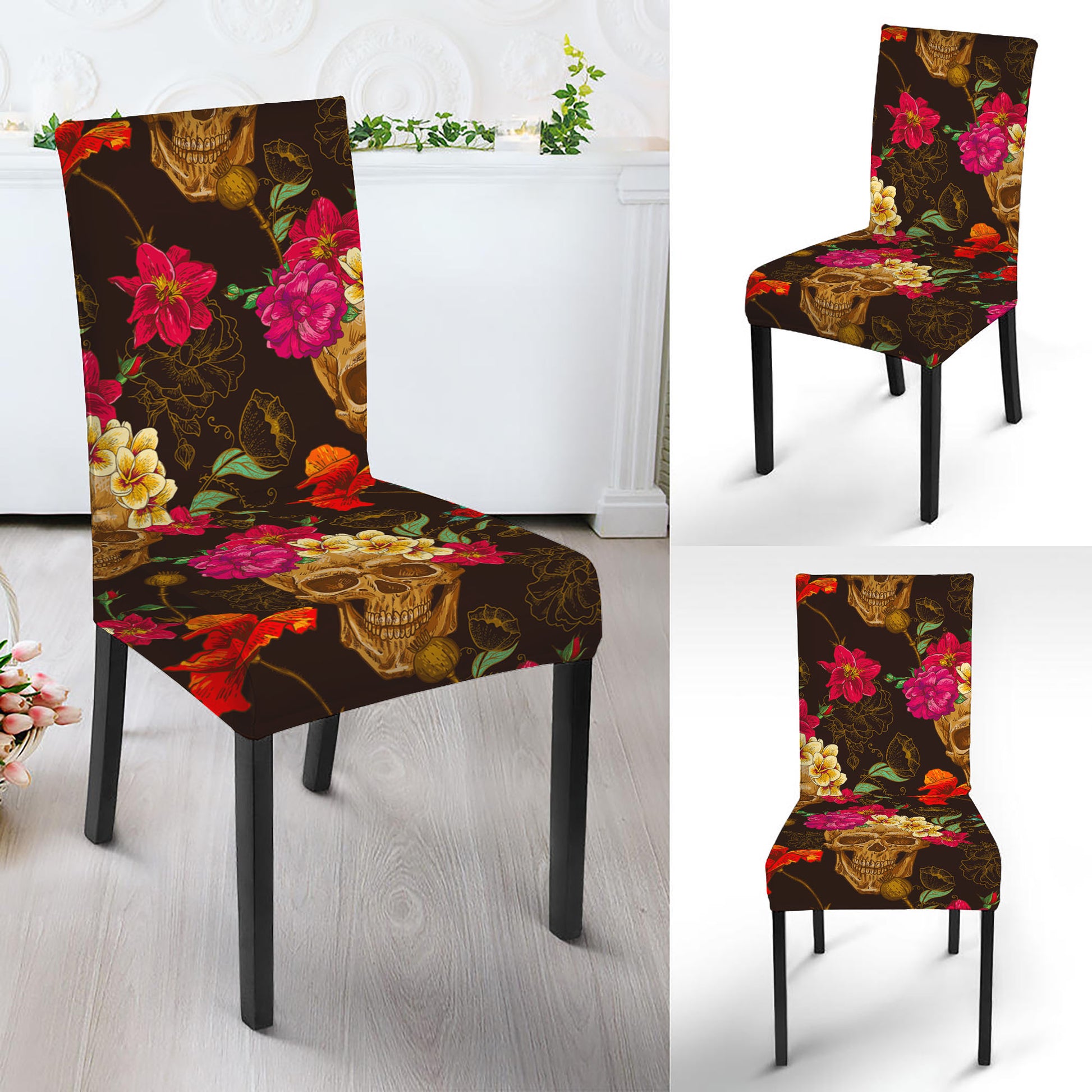 Vintage Flowers Skull Pattern Print Dining Chair Slipcover
