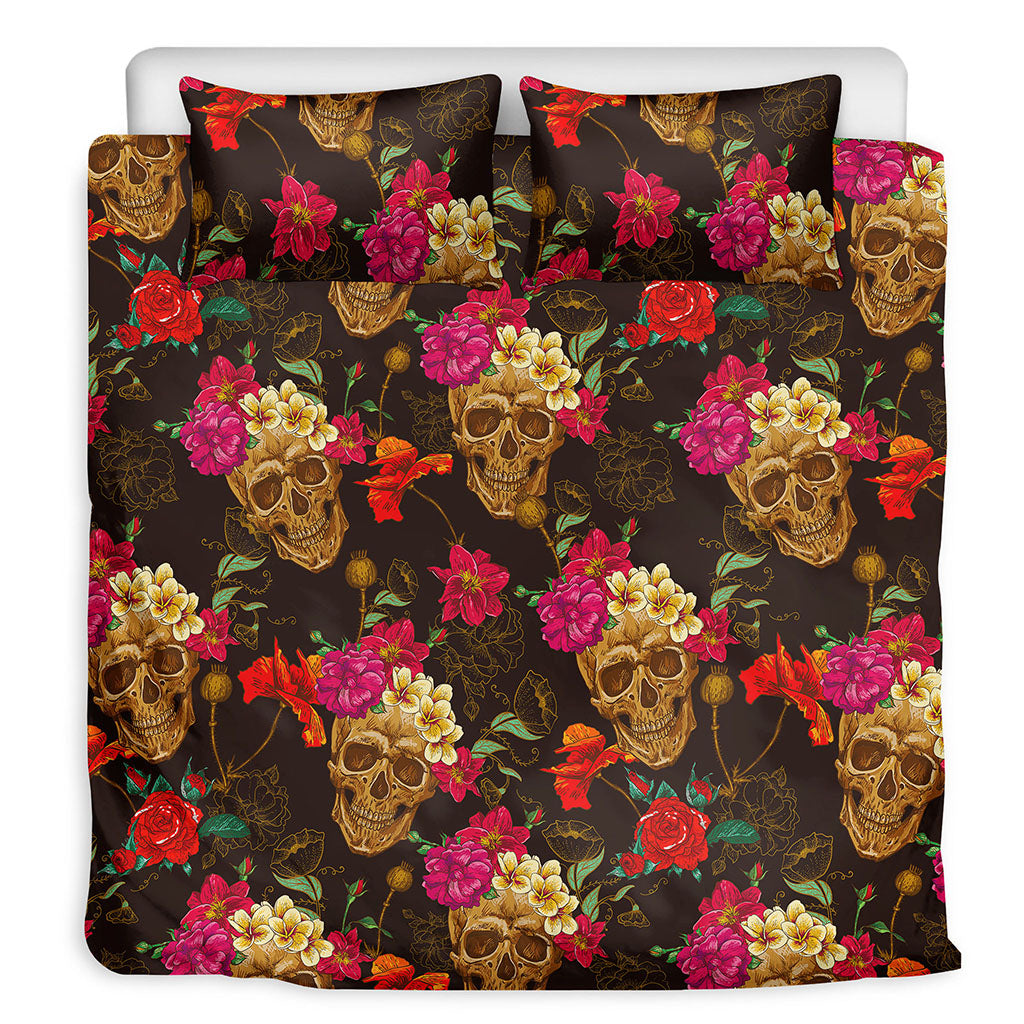 Vintage Flowers Skull Pattern Print Duvet Cover Bedding Set