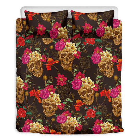 Vintage Flowers Skull Pattern Print Duvet Cover Bedding Set