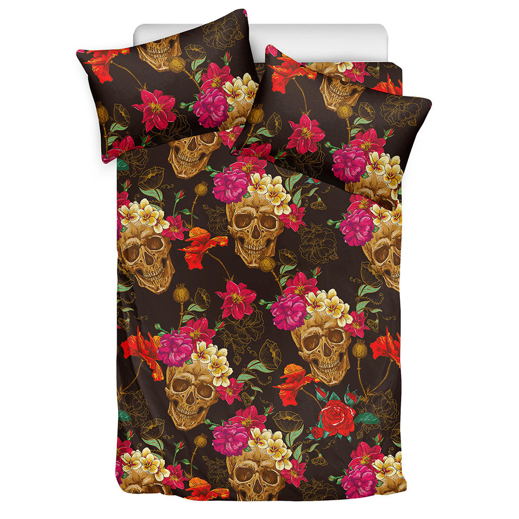Vintage Flowers Skull Pattern Print Duvet Cover Bedding Set