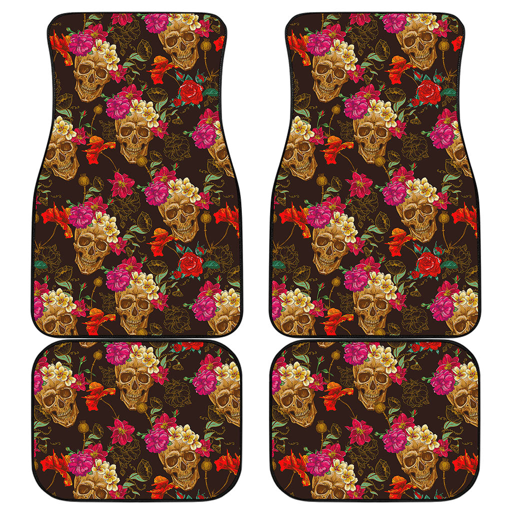 Vintage Flowers Skull Pattern Print Front and Back Car Floor Mats