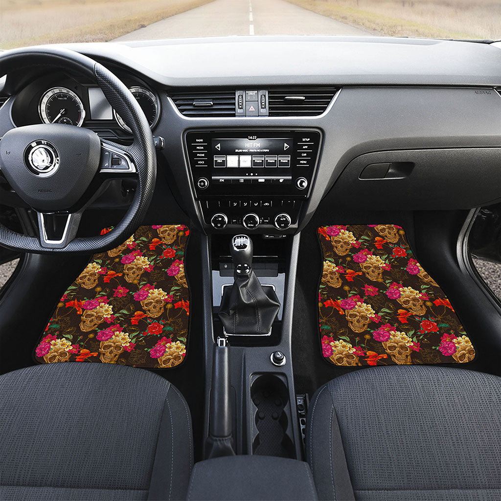 Vintage Flowers Skull Pattern Print Front Car Floor Mats
