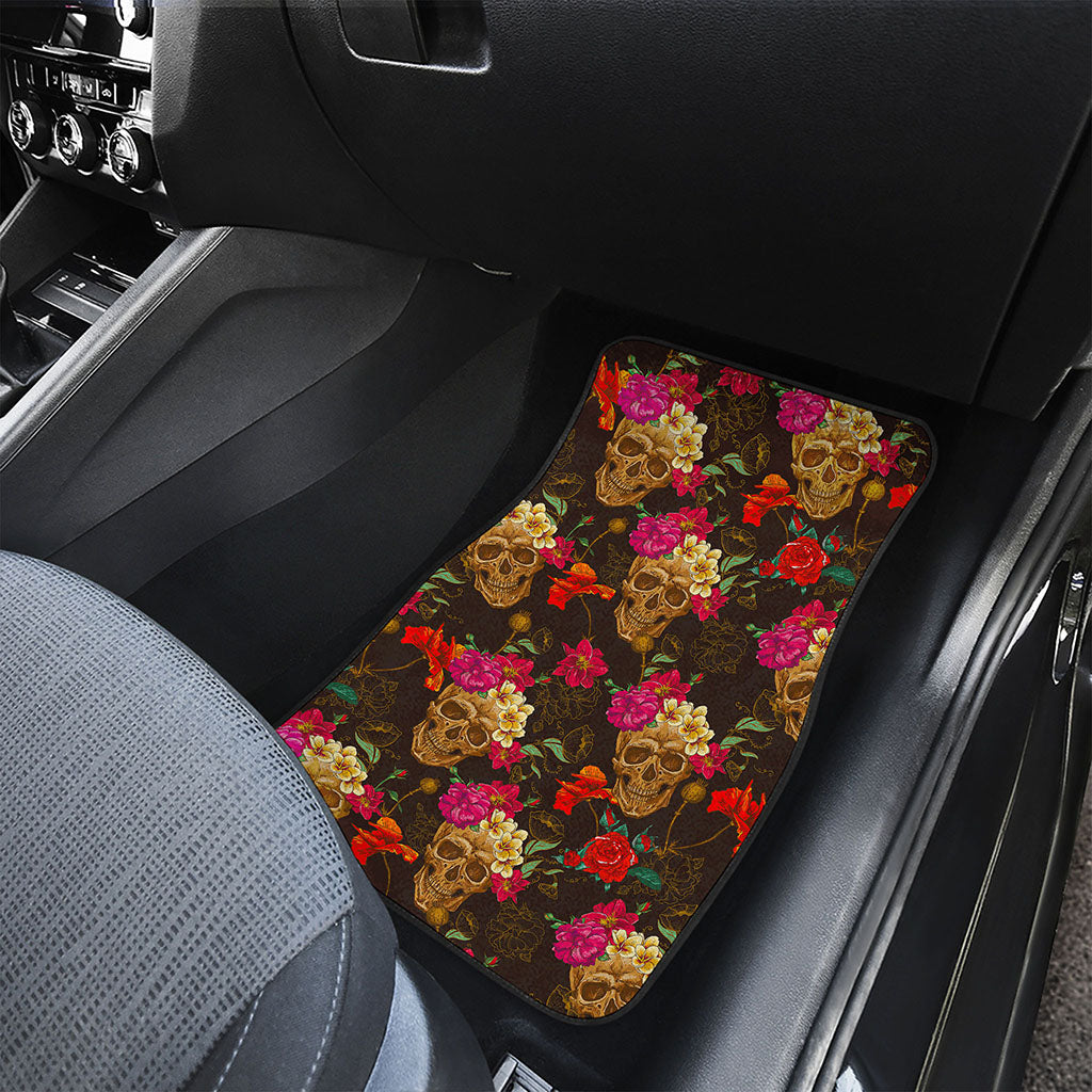 Vintage Flowers Skull Pattern Print Front Car Floor Mats