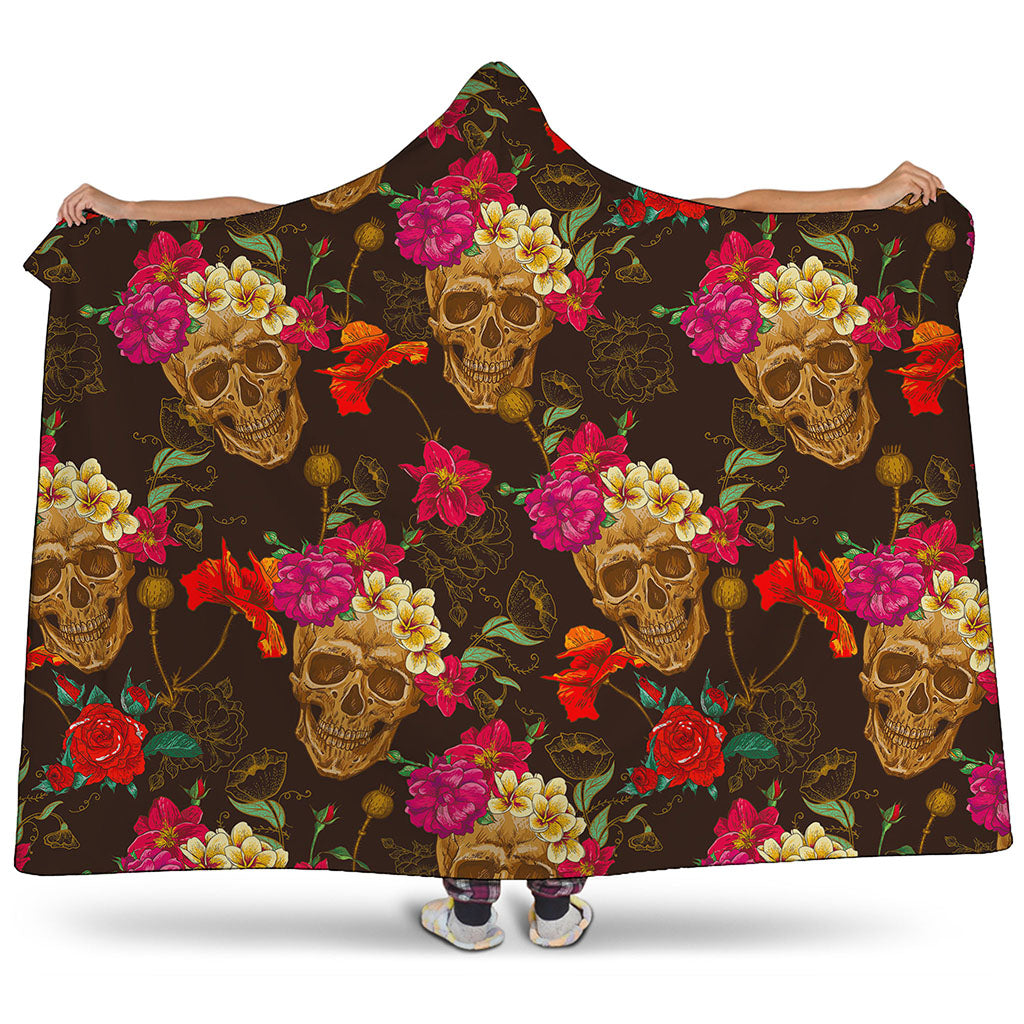 Vintage Flowers Skull Pattern Print Hooded Blanket