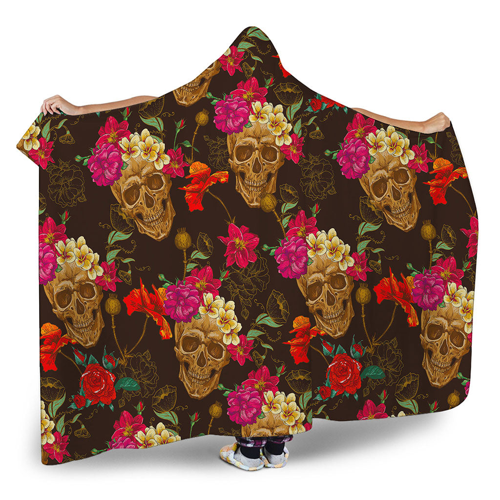 Vintage Flowers Skull Pattern Print Hooded Blanket