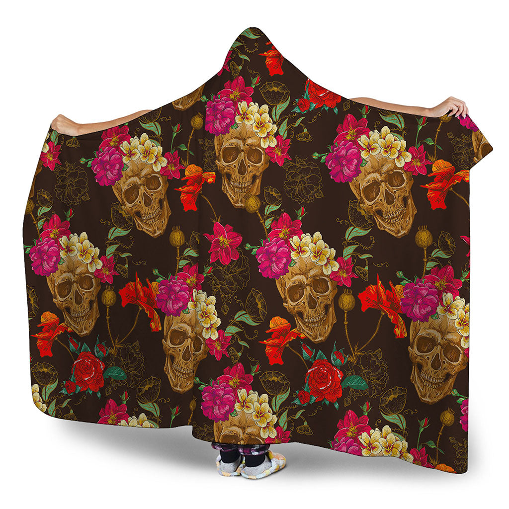 Vintage Flowers Skull Pattern Print Hooded Blanket