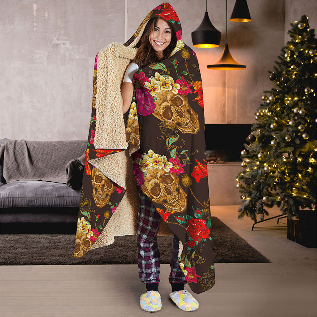 Vintage Flowers Skull Pattern Print Hooded Blanket