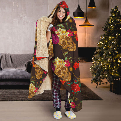 Vintage Flowers Skull Pattern Print Hooded Blanket
