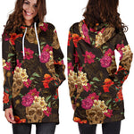 Vintage Flowers Skull Pattern Print Hoodie Dress GearFrost