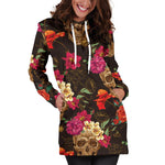 Vintage Flowers Skull Pattern Print Hoodie Dress GearFrost