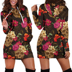 Vintage Flowers Skull Pattern Print Hoodie Dress GearFrost