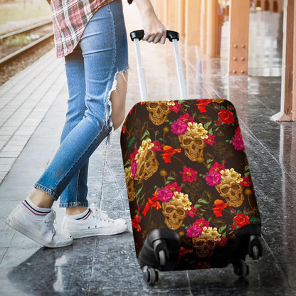 Vintage Flowers Skull Pattern Print Luggage Cover GearFrost