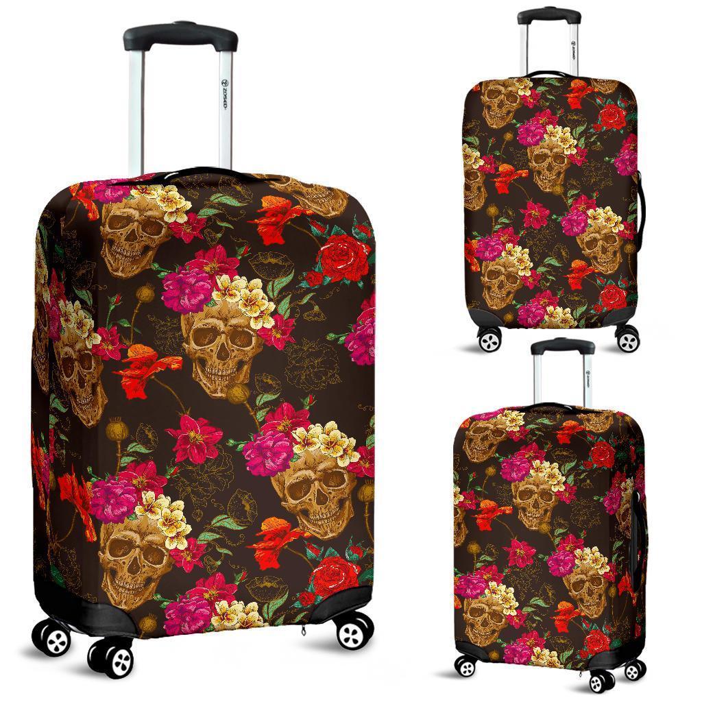 Vintage Flowers Skull Pattern Print Luggage Cover GearFrost