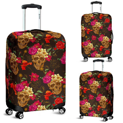 Vintage Flowers Skull Pattern Print Luggage Cover GearFrost