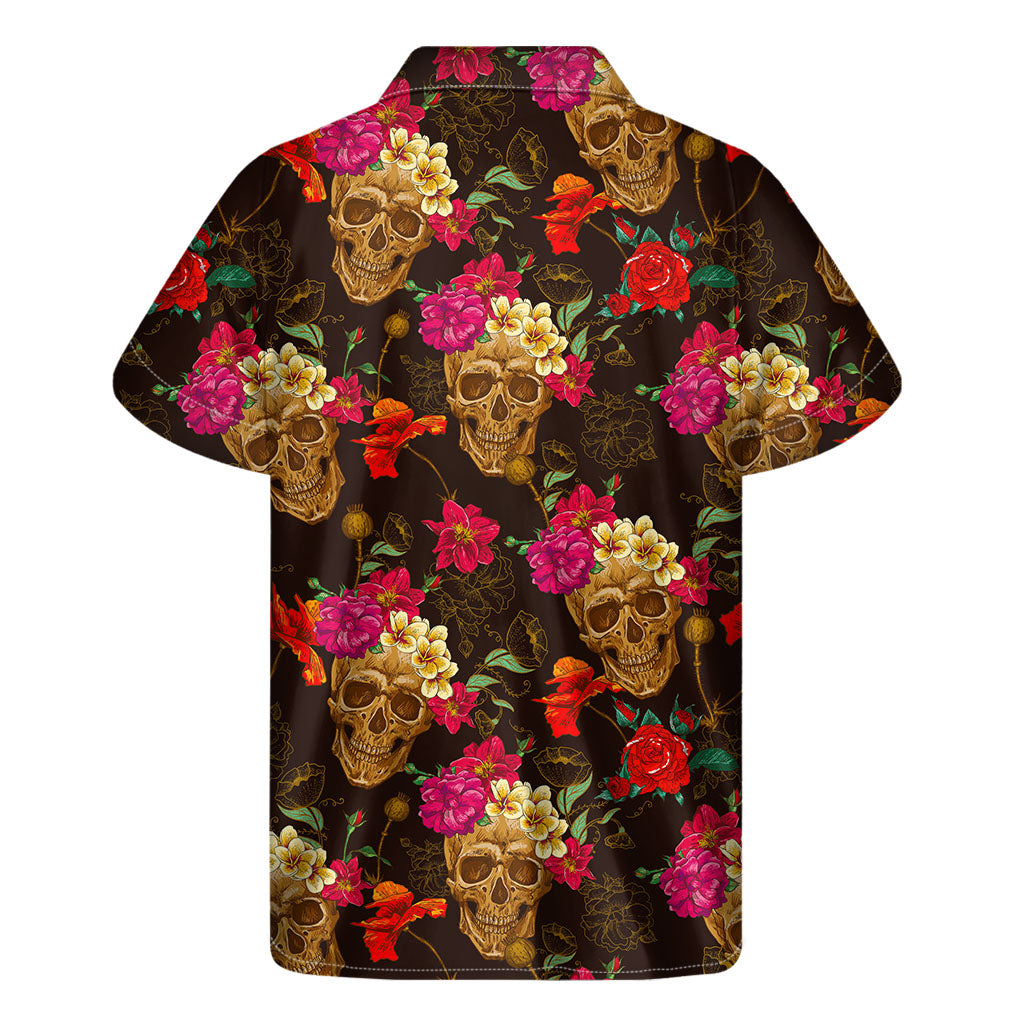 Vintage Flowers Skull Pattern Print Men's Short Sleeve Shirt