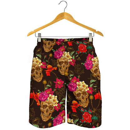 Vintage Flowers Skull Pattern Print Men's Shorts