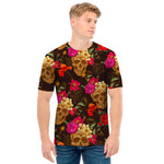 Vintage Flowers Skull Pattern Print Men's T-Shirt
