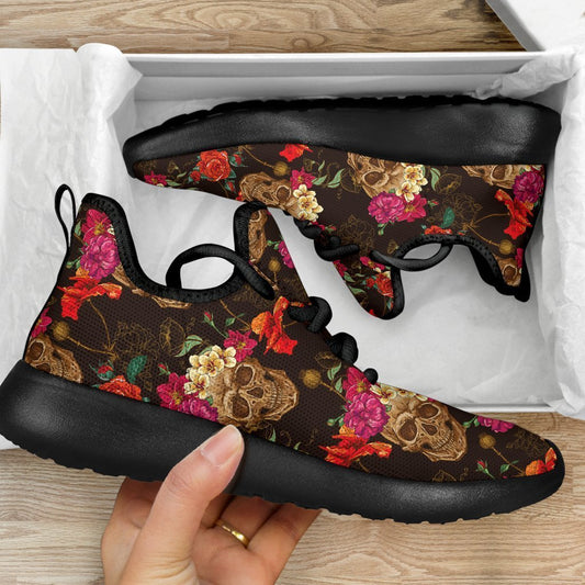 Vintage Flowers Skull Pattern Print Mesh Knit Shoes GearFrost