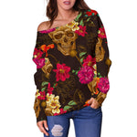 Vintage Flowers Skull Pattern Print Off Shoulder Sweatshirt GearFrost