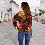 Vintage Flowers Skull Pattern Print Off Shoulder Sweatshirt GearFrost