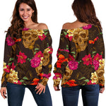 Vintage Flowers Skull Pattern Print Off Shoulder Sweatshirt GearFrost