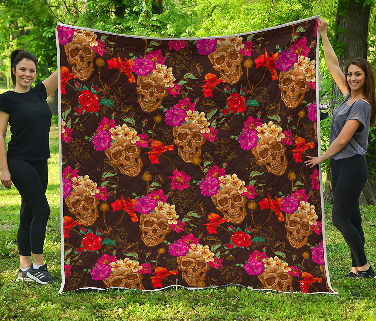 Vintage Flowers Skull Pattern Print Quilt