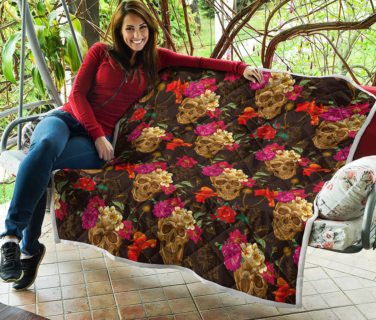 Vintage Flowers Skull Pattern Print Quilt