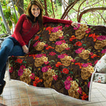 Vintage Flowers Skull Pattern Print Quilt