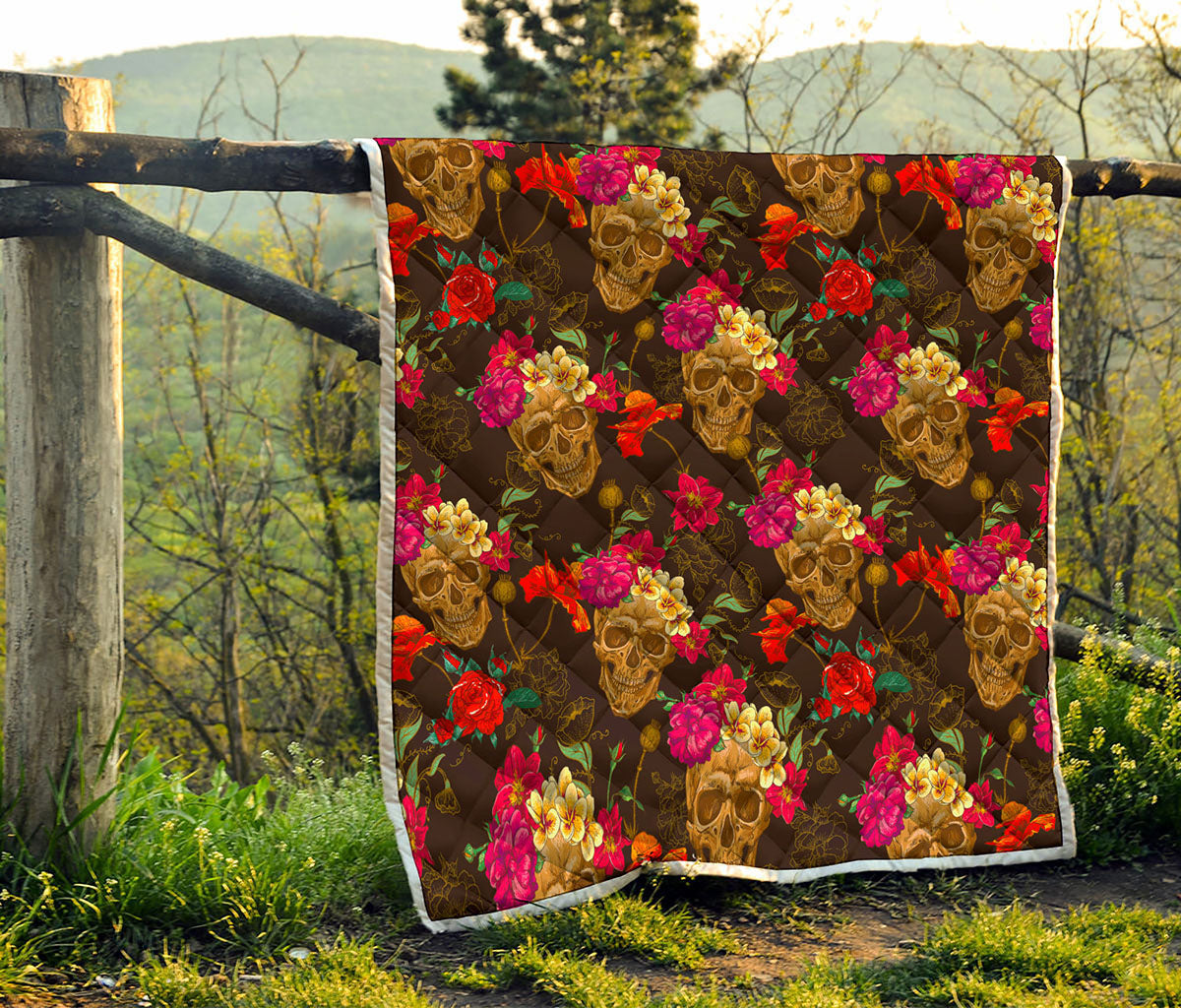 Vintage Flowers Skull Pattern Print Quilt