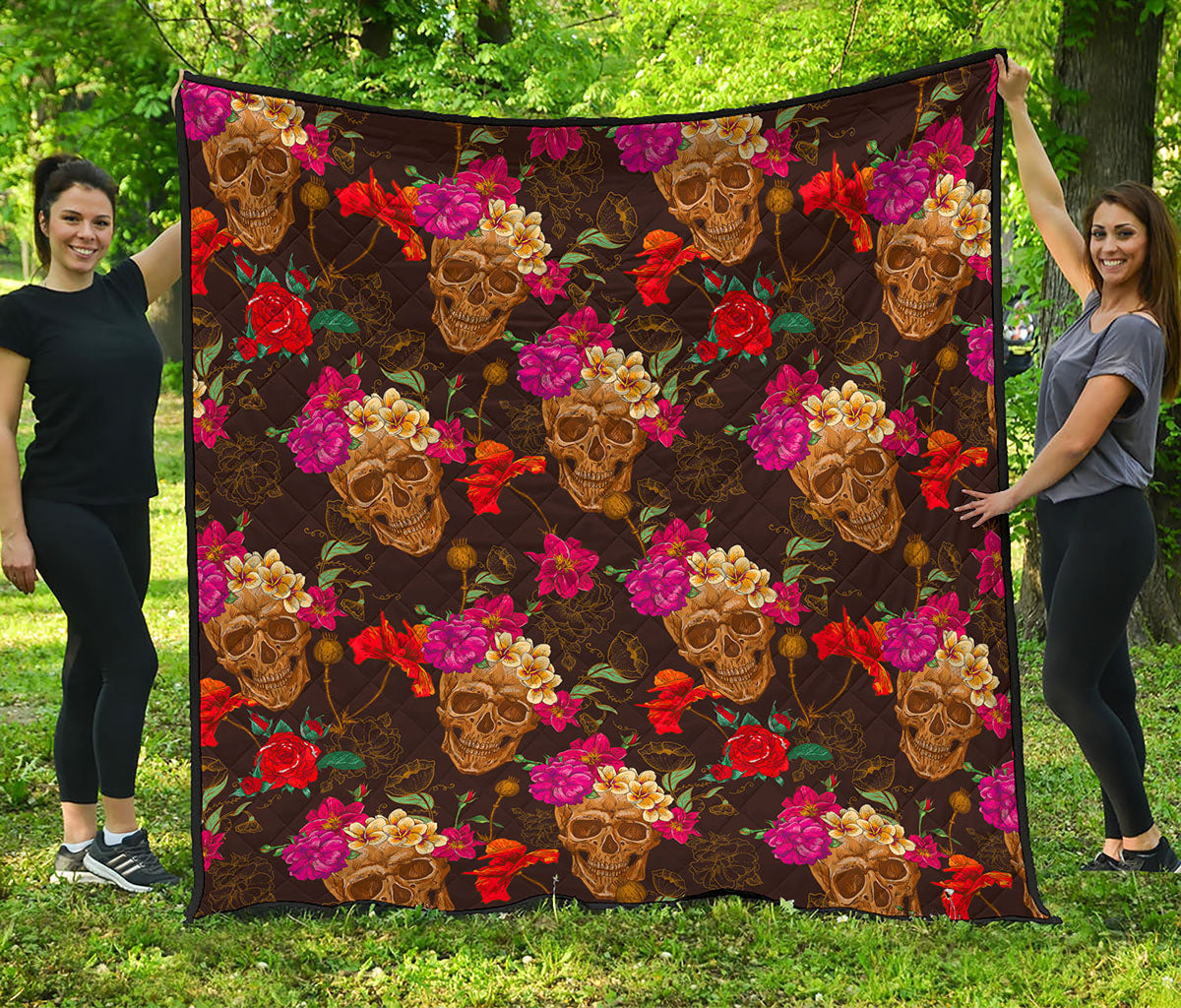 Vintage Flowers Skull Pattern Print Quilt