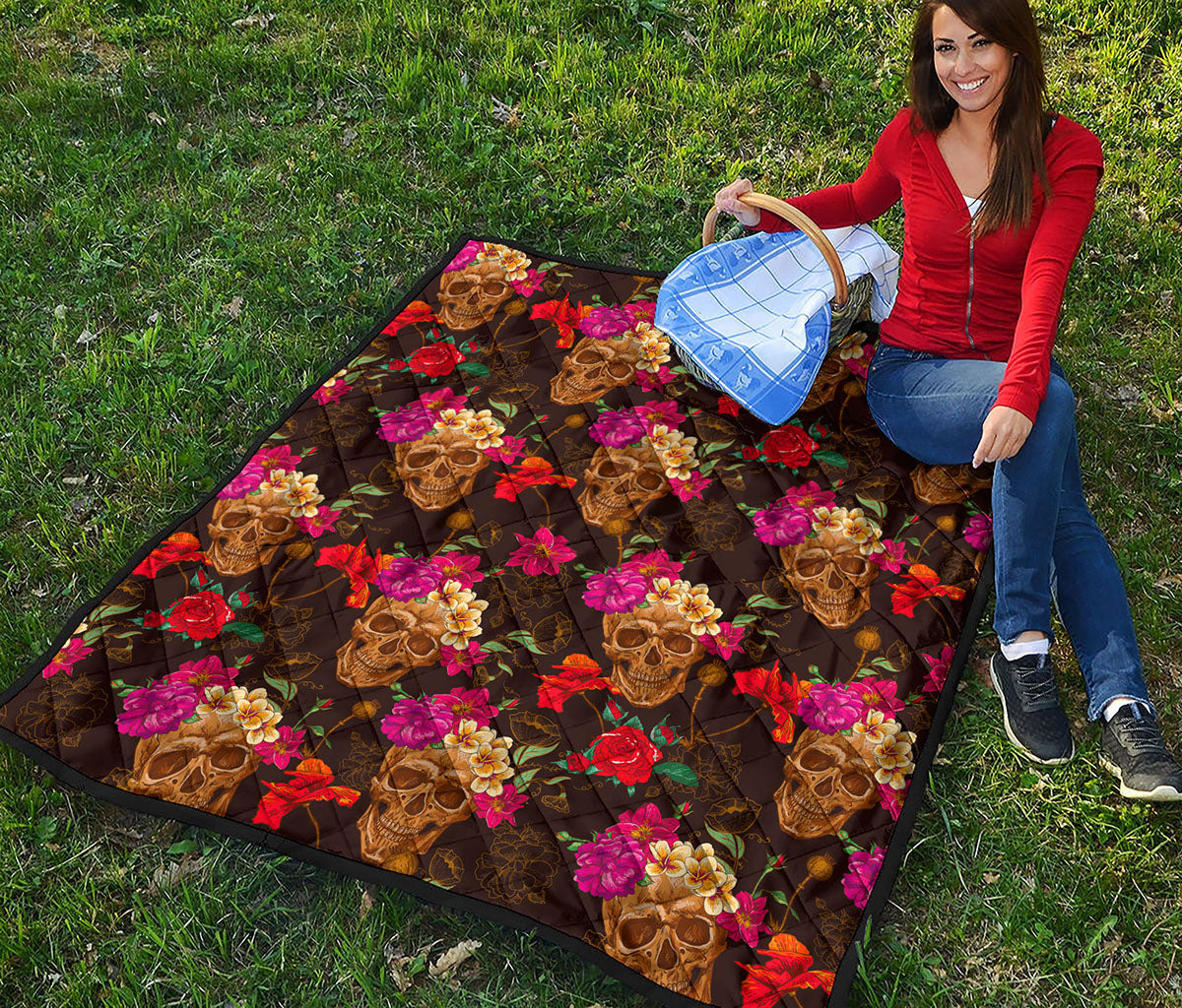 Vintage Flowers Skull Pattern Print Quilt