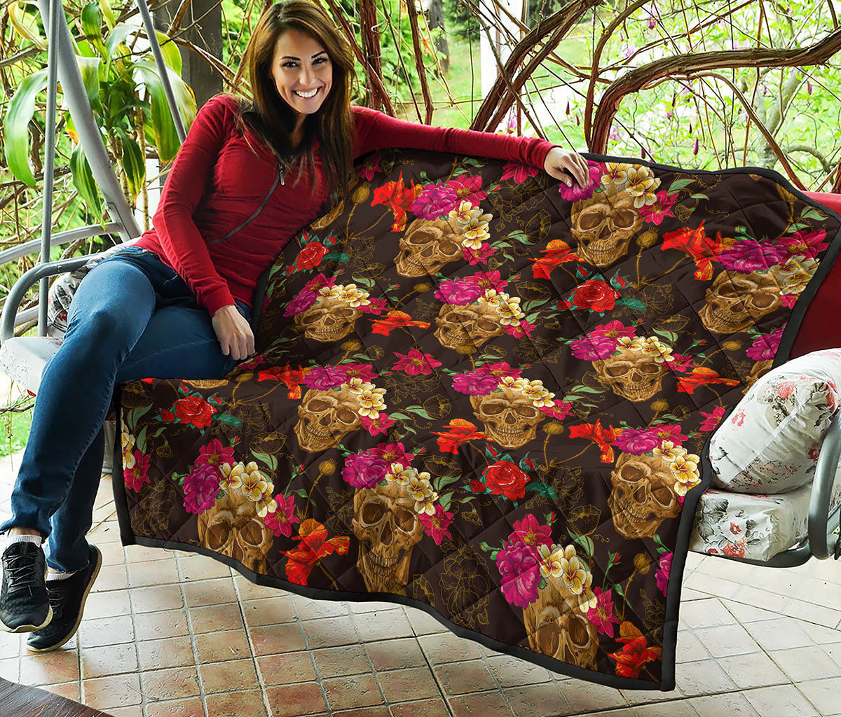 Vintage Flowers Skull Pattern Print Quilt