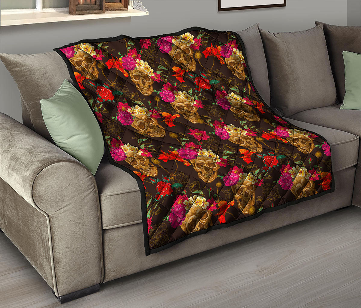 Vintage Flowers Skull Pattern Print Quilt